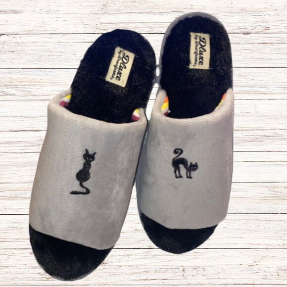 Dearfoams Dluxe Ladies Black Cat Gray Slippers Size L Shoe Size 9/10 Open Toe - Picture 1 of 2